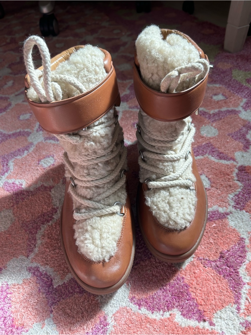 Coach Shearling Lined Brown Wedge Lace-Up Boots